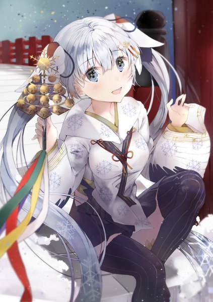 Anime picture 1000x1419 with vocaloid hatsune miku yuki miku yuki miku (2018) kkumon single tall image looking at viewer blush fringe open mouth hair between eyes sitting twintails holding white hair very long hair :d wide sleeves grey eyes