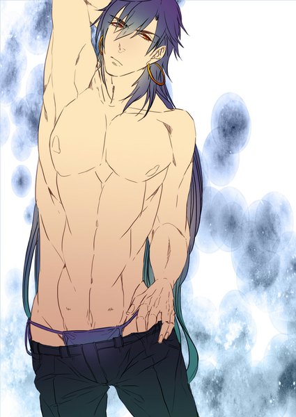 Anime picture 709x1000 with magi the labyrinth of magic a-1 pictures sinbad (magi) amane0623 single long hair tall image light erotic looking away purple hair armpit (armpits) orange eyes hand on hip arm behind head muscle boy underwear panties earrings pants