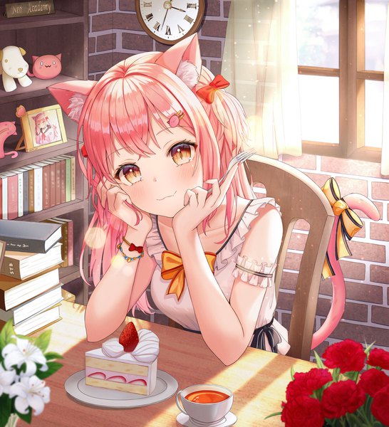 Anime picture 1819x2000 with original funii single long hair tall image looking at viewer blush fringe highres smile sitting bare shoulders holding brown eyes animal ears pink hair indoors tail head tilt animal tail