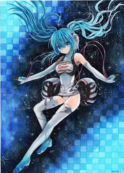 Anime picture 717x1000 with vocaloid goodsmile racing hatsune miku racing miku racing miku (2014) mosho single long hair tall image looking at viewer blue eyes light erotic smile twintails bare shoulders signed blue hair spread arms space traditional media