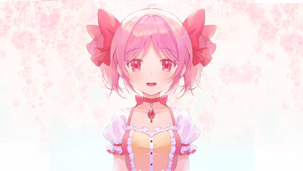 Anime picture 4997x2829 with mahou shoujo madoka magica shaft (studio) kaname madoka harusame (user wawj5773) single looking at viewer highres short hair open mouth wide image twintails pink hair absurdres upper body :d pink eyes puffy sleeves short twintails magical girl girl