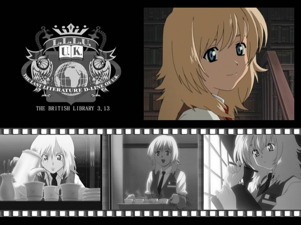 Anime picture 1024x768 with read or die j.c. staff wendy earhart looking at viewer short hair open mouth blue eyes blonde hair holding indoors light smile looking down multiview tea set film strip girl uniform school uniform necktie book (books)