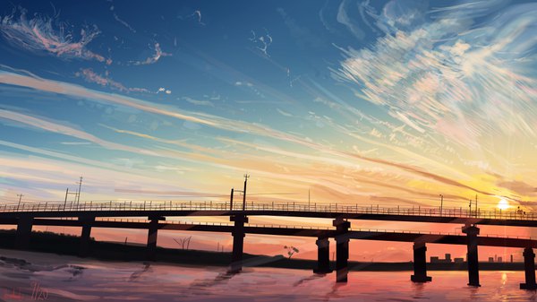 Anime picture 3840x2160 with original banishment highres wide image absurdres sky cloud (clouds) sunlight wallpaper evening sunset no people landscape sunbeam river bridge