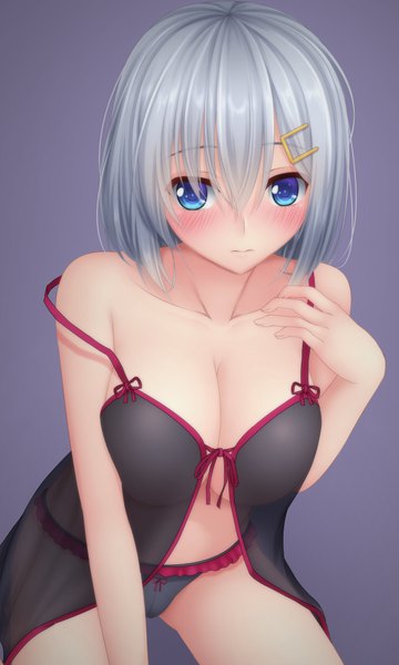 Anime picture 600x1000 with kantai collection hamakaze destroyer tapisuke single tall image looking at viewer blush fringe short hair breasts blue eyes light erotic silver hair hair over one eye underwear only girl underwear panties black panties nightie