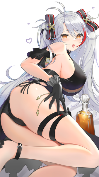 Anime picture 1688x3000 with azur lane prinz eugen (azur lane) prinz eugen (cordial cornflower) (azur lane) nanam (nanam sk) single long hair tall image looking at viewer blush fringe breasts open mouth light erotic simple background hair between eyes large breasts white background yellow eyes silver hair ahoge
