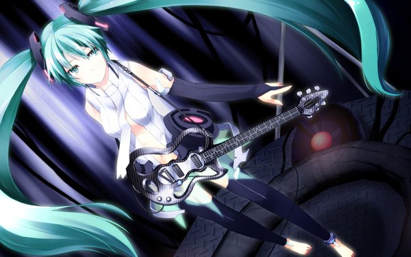 Anime picture 1920x1200 with vocaloid hatsune miku long hair highres wide image twintails green eyes barefoot green hair girl guitar