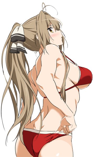 Anime picture 711x1200 with amagi brilliant park kyoto animation sento isuzu yoshiki360 single long hair tall image looking at viewer blush fringe breasts light erotic simple background brown hair large breasts standing white background bare shoulders yellow eyes ass