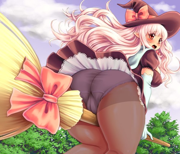 Anime picture 1750x1500 with original kokumotsu single long hair blush highres open mouth light erotic blonde hair red eyes ass pointy ears witch girl dress gloves underwear panties bow pantyhose