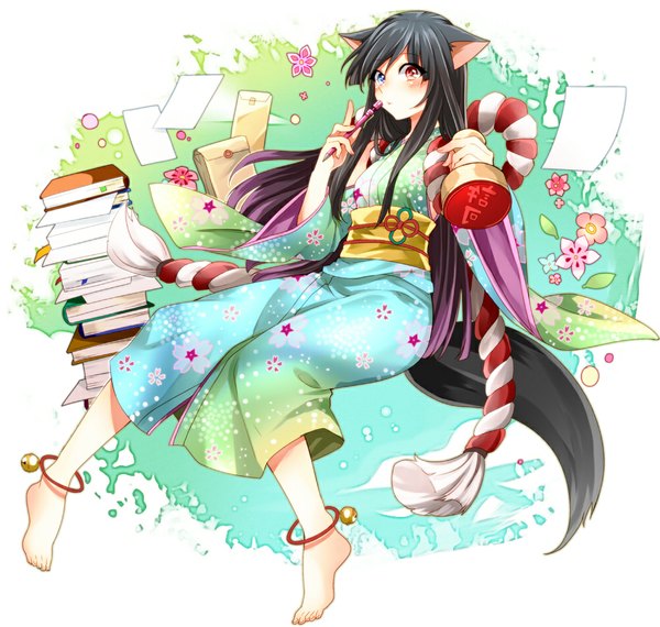 Anime picture 1000x951 with utau akesato (utau) toudou charo single long hair looking at viewer blush fringe blue eyes black hair red eyes holding purple hair bent knee (knees) long sleeves traditional clothes japanese clothes barefoot wide sleeves no shoes