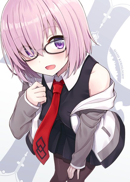 Anime picture 1001x1400 with fate (series) fate/grand order mash kyrielight hyuuga azuri single tall image looking at viewer blush fringe short hair open mouth purple eyes pink hair :d hair over one eye off shoulder character names hand on knee girl pantyhose