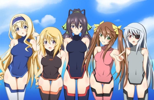 Anime picture 1600x1040 with infinite stratos 8bit charles dunois laura bodewig cecilia orcott shinonono houki fang linyin long hair open mouth blue eyes light erotic black hair blonde hair red eyes brown hair twintails bare shoulders multiple girls green eyes ponytail