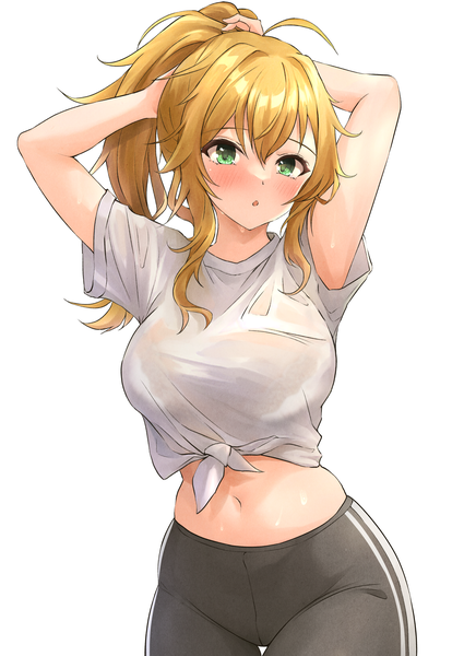 Anime picture 2508x3541 with idolmaster idolmaster (classic) idolmaster million live! hoshii miki b1ack illust single long hair tall image looking at viewer blush fringe highres breasts open mouth light erotic simple background blonde hair hair between eyes large breasts standing