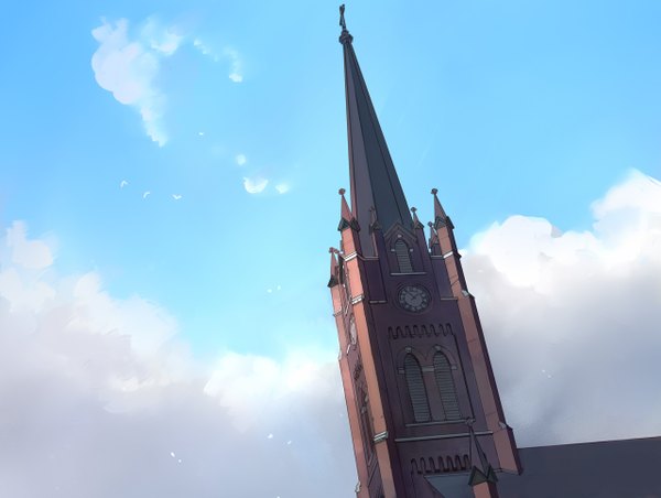 Anime picture 1280x966 with seo tatsuya sky cloud (clouds) no people animal bird (birds) clock tower church clock tower