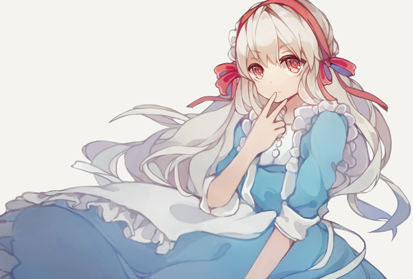 Anime picture 1480x1000 with kagerou project shaft (studio) mary (kagerou project) xiaohan single long hair looking at viewer simple background red eyes white hair grey background finger to mouth transparent background girl dress ribbon (ribbons) hair ribbon frills apron