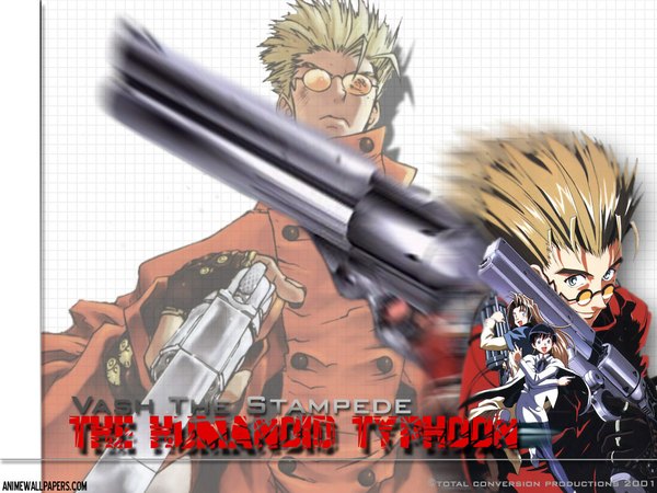 Anime picture 1024x768 with trigun vash the stampede single short hair blue eyes blonde hair smile signed inscription smoke boy gloves weapon gun coat