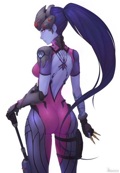 Anime picture 2429x3479 with overwatch blizzard entertainment widowmaker (overwatch) unsomnus single long hair tall image looking at viewer highres light erotic simple background white background purple eyes holding signed yellow eyes absurdres purple hair ass ponytail
