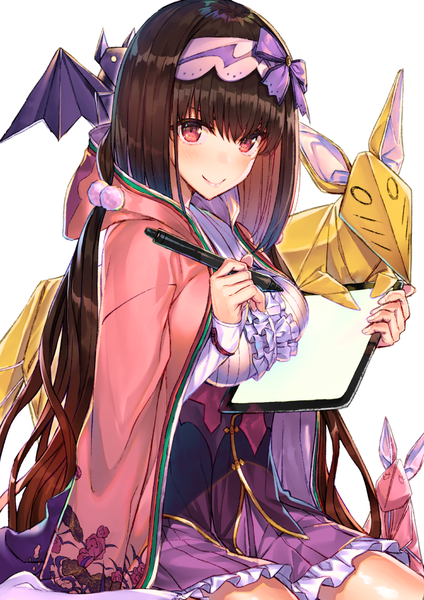 Anime picture 744x1052 with fate (series) fate/grand order osakabe-hime (fate/grand order) hakuishi aoi single long hair tall image looking at viewer blush fringe breasts simple background smile hair between eyes red eyes brown hair white background sitting holding girl