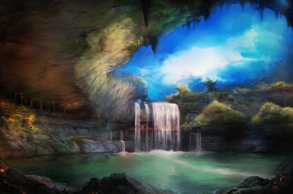 Anime picture 1700x1129 with original yilx cloud (clouds) no people landscape waterfall lake plant (plants) tree (trees) water stone (stones) creature cave