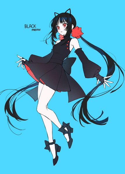 Anime-Bild 983x1373 mit original miji black single tall image black hair simple background red eyes twintails signed animal ears looking away full body very long hair bare legs low twintails fake animal ears blue background girl dress detached sleeves