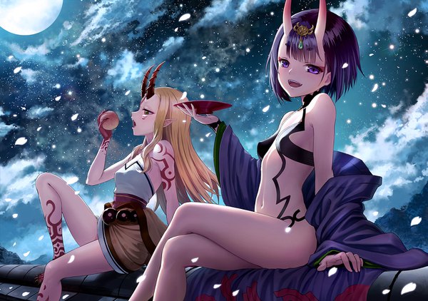 Anime-Bild 1421x1000 mit fate (series) fate/grand order shuten douji (fate) ibaraki douji (fate) sion (9117) long hair looking at viewer blush fringe short hair breasts open mouth light erotic sitting bare shoulders holding payot purple hair cloud (clouds) outdoors