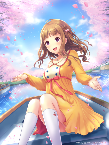 Anime picture 640x853 with ilog oda yukari occhan single long hair tall image blush fringe open mouth brown hair sitting twintails sky cloud (clouds) bent knee (knees) pink eyes sunlight cherry blossoms shiny river