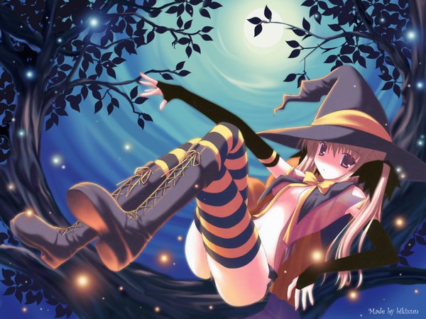 Anime picture 1600x1200 with nanao naru highres light erotic blonde hair twintails brown eyes open clothes open shirt striped witch thighhighs gloves underwear panties elbow gloves boots moon striped thighhighs