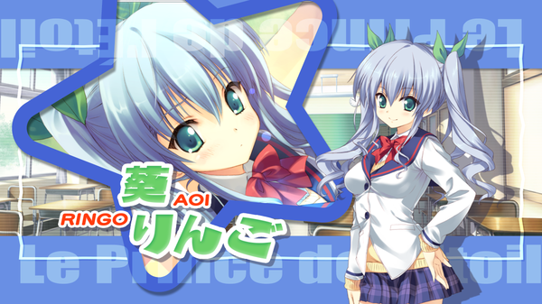 Anime picture 1280x720 with hoshi no ouji-kun ringo aoi qp:flapper single long hair looking at viewer blush wide image twintails green eyes blue hair game cg hand on hip girl serafuku star (symbol)