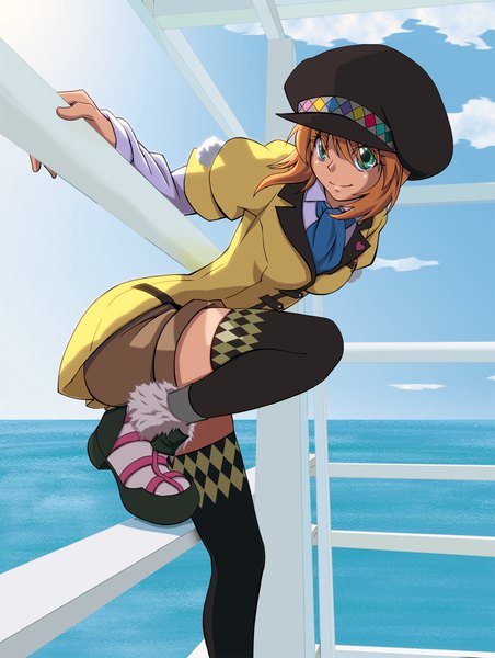 Anime picture 1503x1994 with tales of (series) tales of xillia leia roland single tall image short hair smile green eyes looking away sky cloud (clouds) aqua eyes sunlight orange hair girl thighhighs black thighhighs hat shorts boots