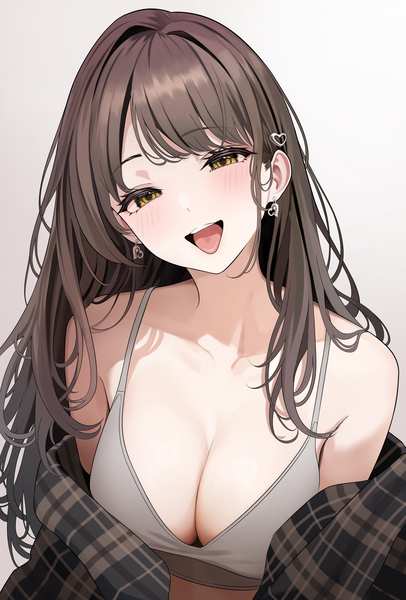 Anime picture 2486x3678 with original turisasu single long hair tall image looking at viewer blush fringe highres breasts open mouth light erotic simple background smile brown hair large breasts bare shoulders yellow eyes cleavage upper body