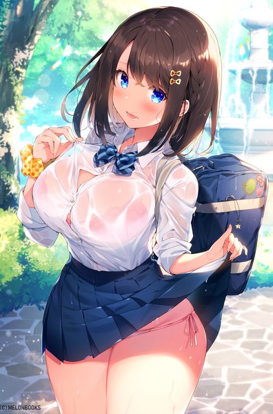 Anime picture 1401x2123 with original kat (bu-kunn) single tall image looking at viewer blush fringe short hair breasts open mouth blue eyes light erotic brown hair large breasts standing holding outdoors :d pleated skirt sweat