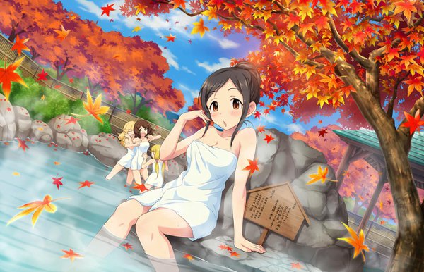 Anime picture 1280x824 with idolmaster idolmaster cinderella girls idolmaster cinderella girls starlight stage ootsuki yui momoi azuki mary cochran nagatomi hasumi long hair looking at viewer blush open mouth black hair blonde hair red eyes sitting multiple girls naked towel girl plant (plants) tree (trees)