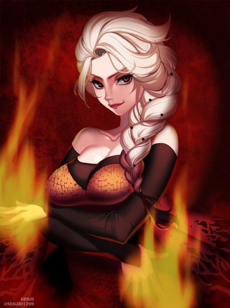 Anime picture 1000x1343 with frozen (disney) disney elsa (frozen) seoji single long hair tall image looking at viewer highres breasts light erotic blonde hair smile red eyes bare shoulders braid (braids) lips lipstick single braid crossed arms