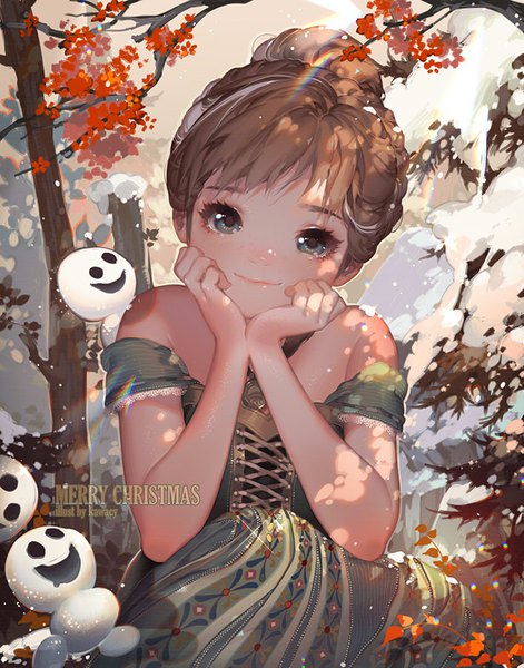 Anime picture 706x900 with frozen (disney) disney anna (frozen) kawacy single tall image looking at viewer fringe blue eyes smile brown hair bare shoulders snowing christmas snow chin rest autumn merry christmas girl dress