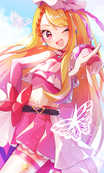 Anime picture 1150x1920 with precure hirogaru sky! precure toei animation hijiri ageha cure butterfly mani (second-dimension) single tall image looking at viewer open mouth blonde hair purple eyes very long hair one eye closed wink midriff hand on hip ;d magical girl pointing at viewer