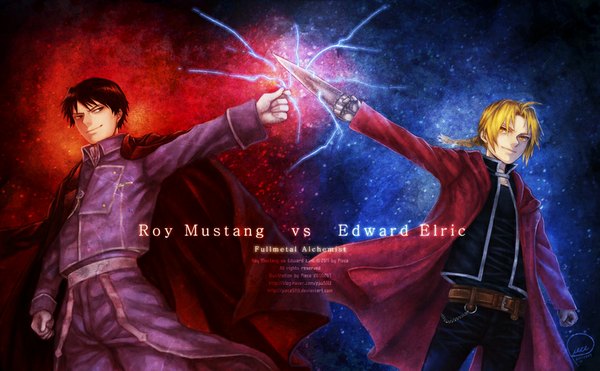 Anime picture 1067x661 with fullmetal alchemist studio bones edward elric roy mustang piece (artist) long hair short hair black hair blonde hair smile wide image yellow eyes magic single braid electricity boy uniform weapon belt cloak