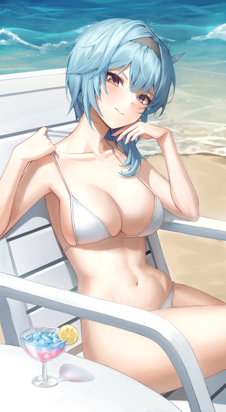 Anime picture 2200x3995 with genshin impact eula lawrence pul (gks569) single tall image looking at viewer blush fringe highres short hair breasts blue eyes light erotic large breasts purple eyes outdoors head tilt beach reclining bikini pull