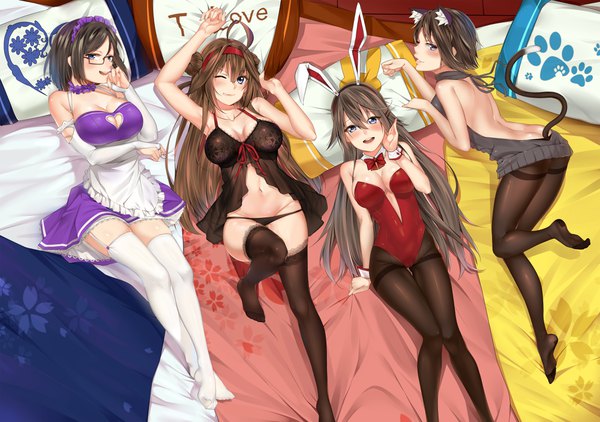 Anime picture 4000x2819 with kantai collection kongou battleship haruna battleship kirishima battleship hiei battleship b3b long hair looking at viewer blush fringe highres short hair breasts open mouth light erotic black hair smile hair between eyes brown hair large breasts