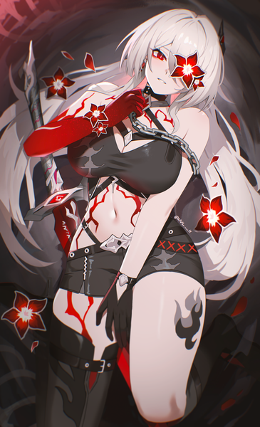 Anime-Bild 2480x4080 mit honkai: star rail honkai (series) acheron (honkai: star rail) nvl single long hair tall image looking at viewer fringe highres breasts light erotic red eyes large breasts signed white hair parted lips from above hair over one eye midriff