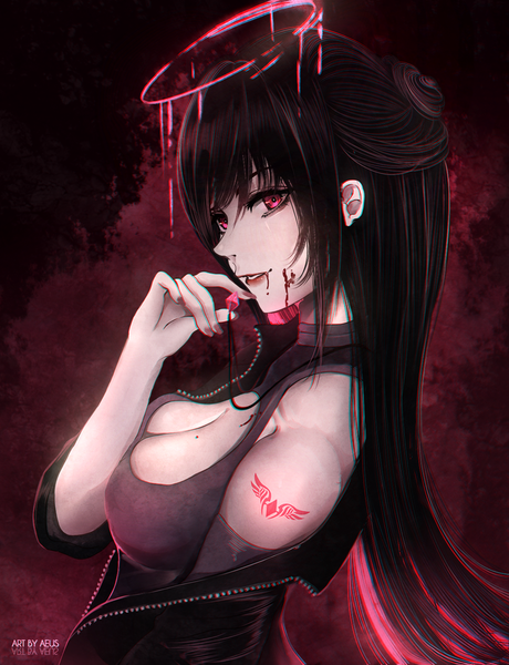 Anime picture 1150x1500 with original aeus single long hair tall image fringe breasts light erotic black hair simple background hair between eyes large breasts bare shoulders holding signed payot looking away upper body nail polish parted lips