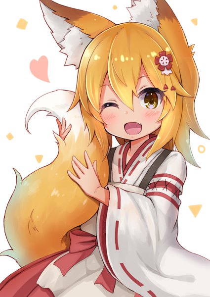 Anime picture 752x1062 with sewayaki kitsune no senko-san doga kobo senko (sewayaki kitsune no senko-san) siragagaga single tall image looking at viewer blush fringe short hair open mouth simple background blonde hair smile hair between eyes white background animal ears yellow eyes payot upper body