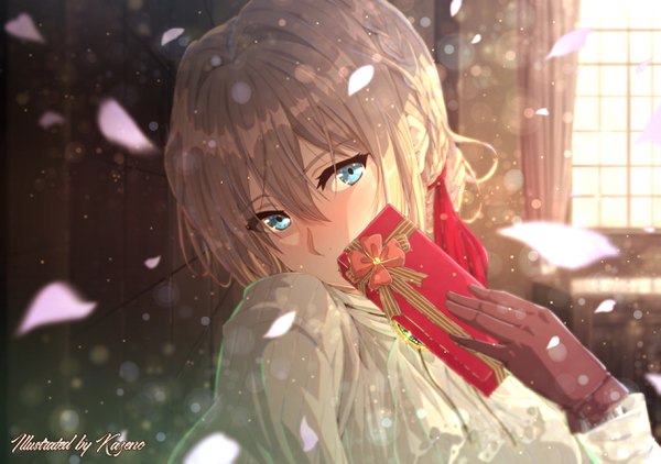 Anime picture 2508x1764 with violet evergarden kyoto animation violet evergarden (character) kazeno single looking at viewer blush fringe highres short hair blue eyes blonde hair hair between eyes holding signed upper body indoors braid (braids) watermark covered mouth