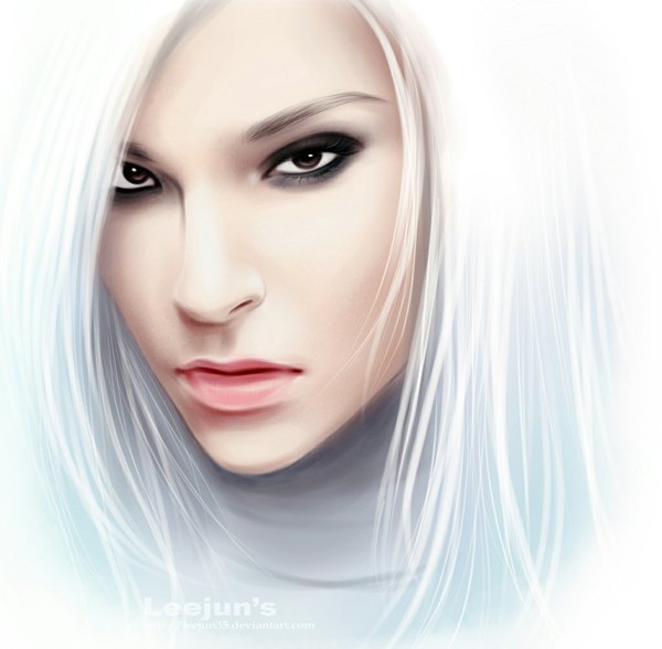 Anime picture 1024x1005 with tokio hotel real life bill kaulitz leejun35 long hair white background brown eyes white hair lips realistic portrait face boy