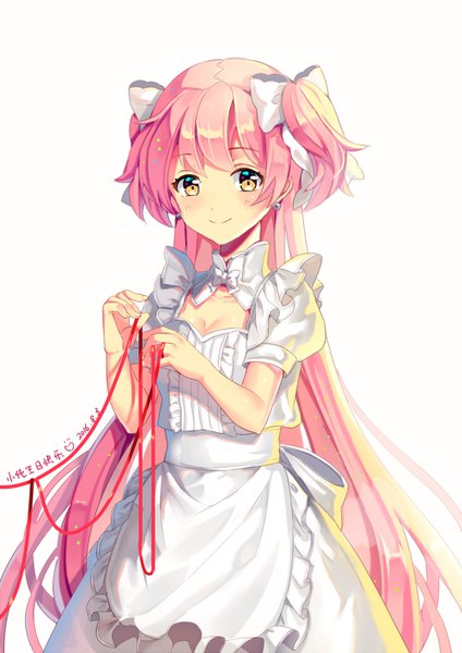 Anime picture 1000x1414 with mahou shoujo madoka magica shaft (studio) kaname madoka goddess madoka duzie e single tall image looking at viewer blush fringe simple background smile white background yellow eyes pink hair cleavage very long hair two side up puffy sleeves dated