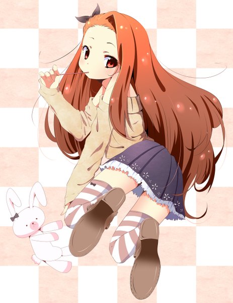 Anime picture 1000x1294 with idolmaster minase iori take (office-t) single long hair tall image looking at viewer red eyes brown hair girl thighhighs skirt sweets toy stuffed animal striped thighhighs pocky