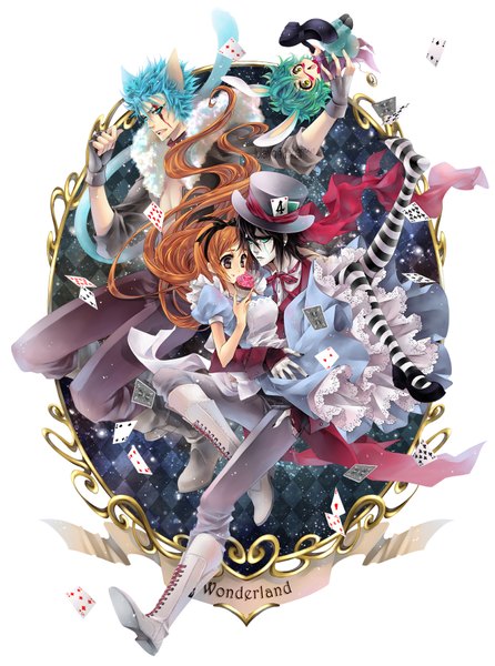 Anime picture 1304x1752 with bleach alice in wonderland studio pierrot alice (alice in wonderland) inoue orihime ulquiorra schiffer grimmjow jeagerjaques white rabbit nelliel tu odelschwanck cheshire cat mad hatter luleiya long hair tall image short hair blue eyes black hair simple background brown hair white background