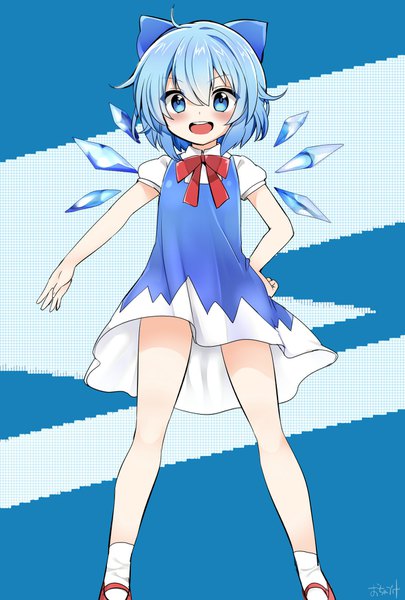 Anime picture 1181x1748 with touhou cirno ochazuke single tall image looking at viewer blush fringe short hair open mouth blue eyes hair between eyes standing signed blue hair ahoge puffy sleeves hand on hip girl dress