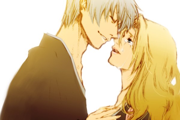Anime picture 1500x1000 with bleach studio pierrot matsumoto rangiku ichimaru gin long hair short hair open mouth blue eyes simple background blonde hair white background silver hair eyes closed lips tears face to face crying almost kiss girl boy