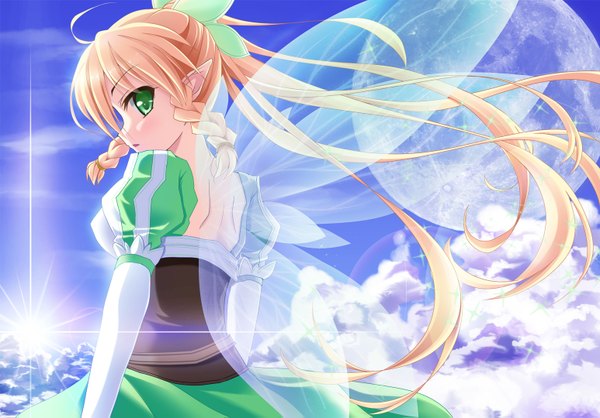 Anime picture 1546x1079 with sword art online a-1 pictures leafa taremechan single long hair looking at viewer blonde hair green eyes cloud (clouds) ahoge ponytail braid (braids) profile pointy ears twin braids girl dress wings moon