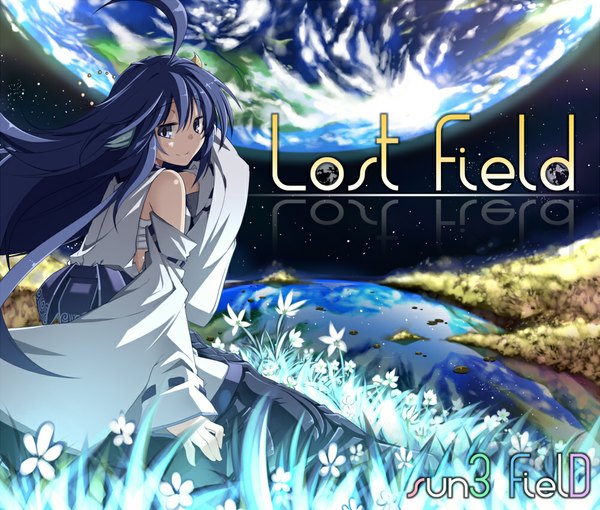 Anime picture 1000x851 with original rondo umigame single long hair looking at viewer blue eyes blue hair ahoge traditional clothes wind reflection space girl flower (flowers) detached sleeves planet earth