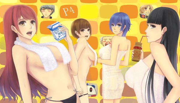 Anime picture 1200x689 with persona 4 persona tagme (character) bounin long hair short hair breasts open mouth blue eyes light erotic black hair brown hair wide image large breasts multiple girls brown eyes yellow eyes blue hair red hair looking back